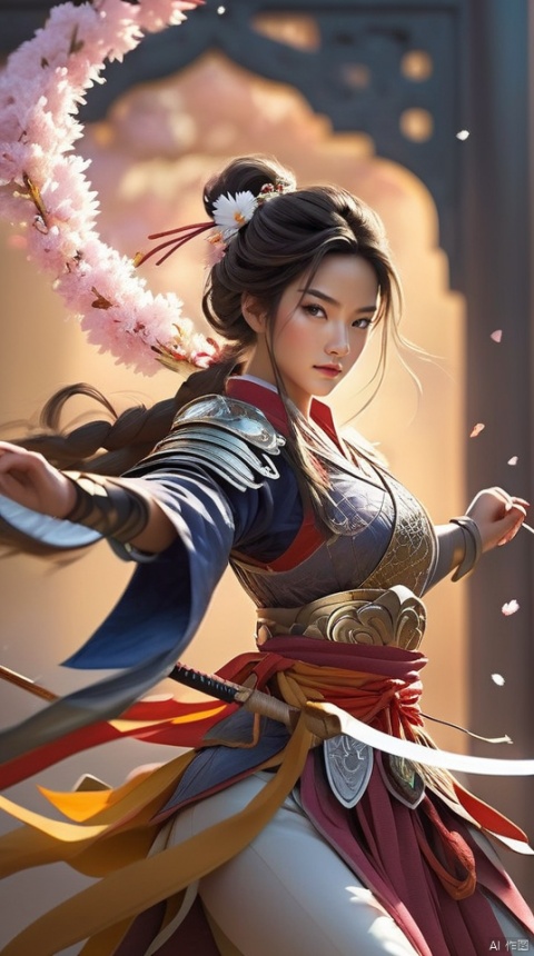  A martial arts heroine dressed in a gorgeous hundred flower battle robe and armor, with a sword hanging from her waist and a feather tied around her head, is accurately aiming her bow at the target while jumping up in the air, with light and shadow intertwined in the background.
