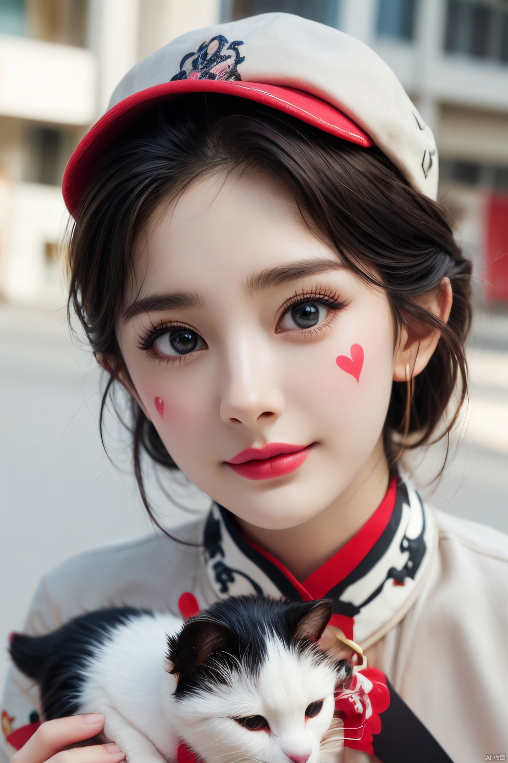  1girl, solo, looking at viewer, blue eyes, hat, full body, lips, makeup, colored skin, facial mark, lipstick, multicolored clothes, red lips, facepaint, jester cap, colorful, multicolored headwear, clown, Light master, xiqing,holding a cow cat,