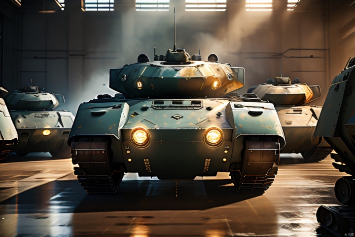  masterpiece, best quality, movie stills, ((the complete picture of five modern main battle tanks, coming from the front)),with sturdy armor and powerful firepower, wide tracks, towering turrets and thick armor plates, 1 machine gun,as well as patterns and details on the tracks, camouflage coating, metallic texture, background with explosive smoke, scattered shells, and enemy tanks in the distance
