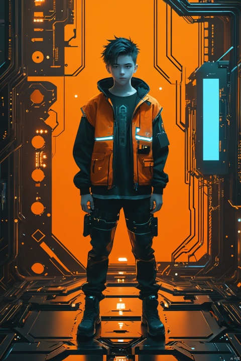 1boy, Mechanical, Full Body,from above,Orange vest,Cyberpunk Background, Looking at the viewer, Circuit Board,