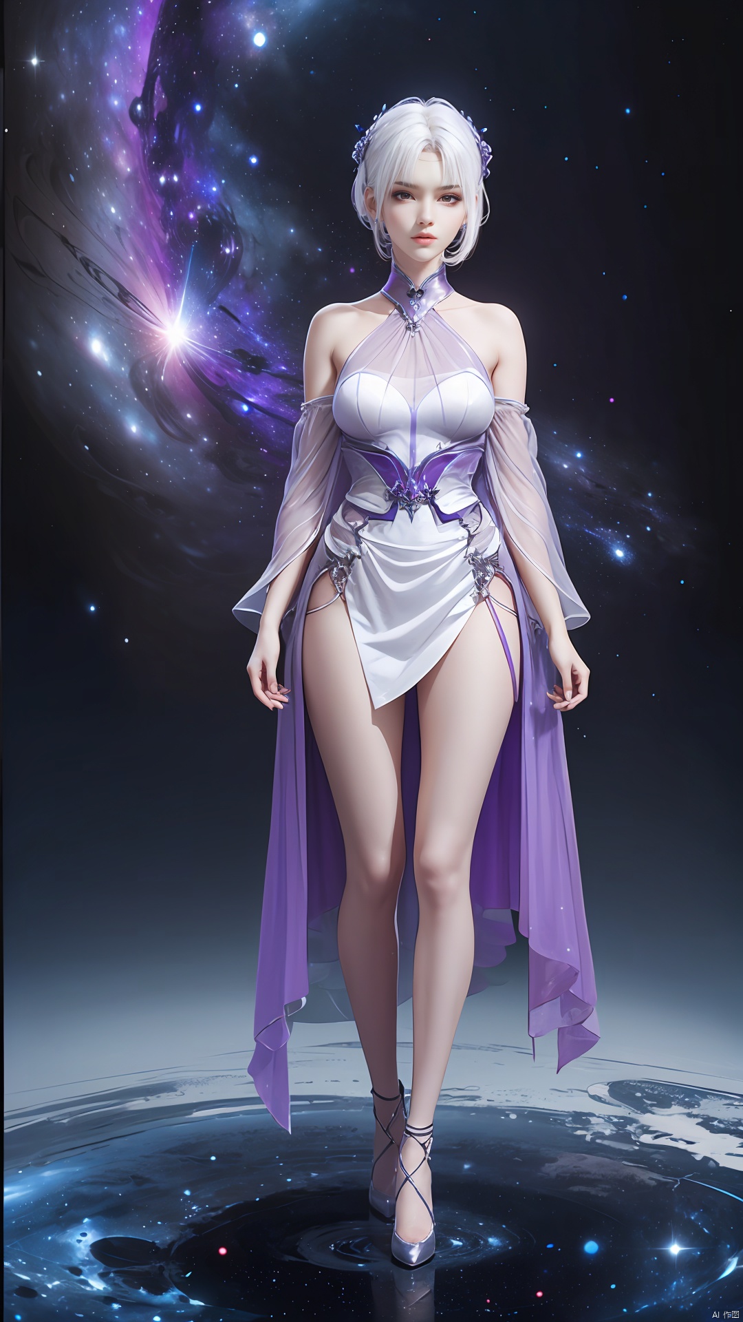  1girl,,white dress,white hair,sexy,full body,(hyper_galaxy:1.4),purple tone,(portrait:1.2), jmai
