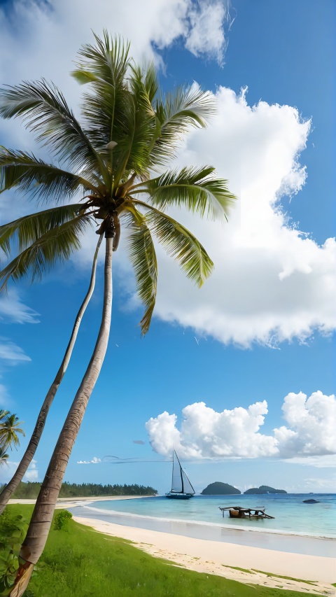 Blue sky and white clouds, waves and beaches, small crabs, coconut trees, distant sailboats, no humans