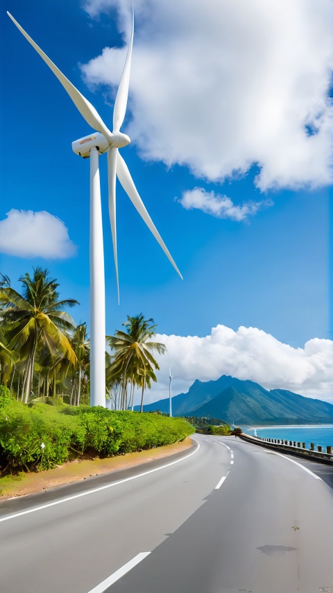 Blue sky and white clouds, coastal roads, seaside, wind power generation, coconut trees, mountains