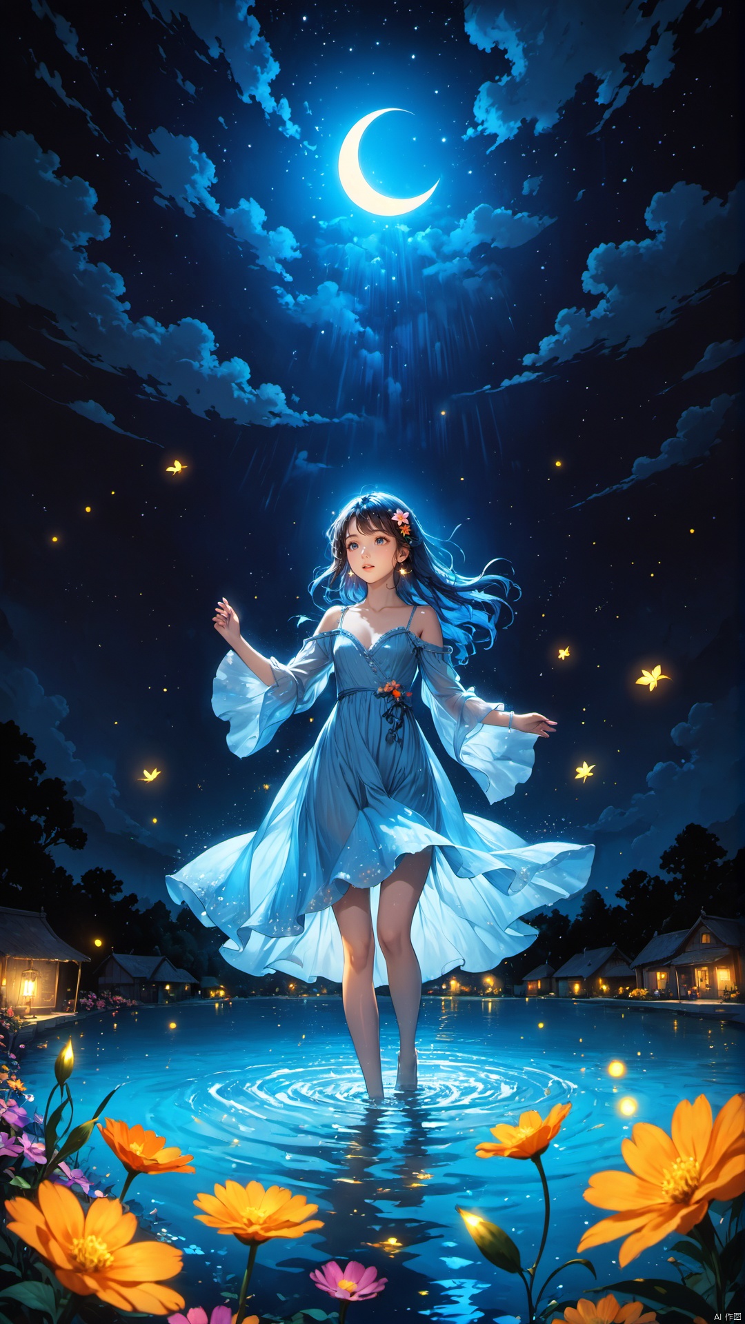  (masterpiece), (best quality), illustration, ultra detailed, hdr, Depth of field, a girl, full body, magic, solo focus, masterpiece, gradient background, summer, star, deep night, wind, flying flowers,colorful flowers, fireflies, crescent moon, 1 girl, blue long hair, Beautiful and meticulous eyes, small breast, beautiful detailed,off shoulder, beautiful dress,long sleeves ,perfect hand, strong rim light, anime screenshot, bare feet, step in water, solo focus, extremely detailed wallpaper,cinematic lighting, painting, girl, glow, Hazy light,Floodlight