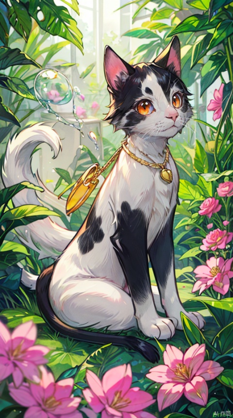 cow cat,orange eyes, solo,gold pendant,look at the viewer, colour flowers,no human,floating pink flowers,ethereal atmosphere,colorful bubblep,lush vegetation