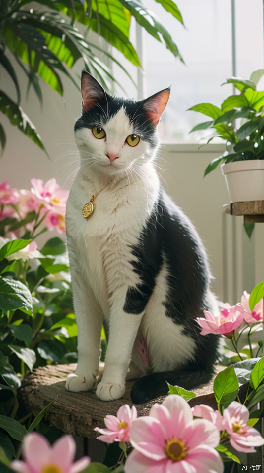 cow cat,orange eyes, solo,gold pendant,look at the viewer, colour flowers,no human,floating pink flowers,ethereal atmosphere,colorful bubblep,lush vegetation