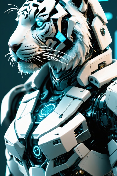 A white tiger, mechanical,from above, the whole body,with an attacking posture, The tiger is dressed in a mecha, shining brightly, with a cyberpunk background. Looking at the audience, the circuit board,