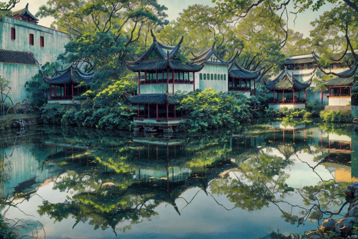 Suzhou Xiaoqiao Flowing Water, Jiangnan Water Town Scenery, Green Vegetation, Green Tiles and White Walls, Ancient Architecture, Reflection, Tranquility, Clear River Water, Tree Shadow swaying, Soft Light, Traditional Style.