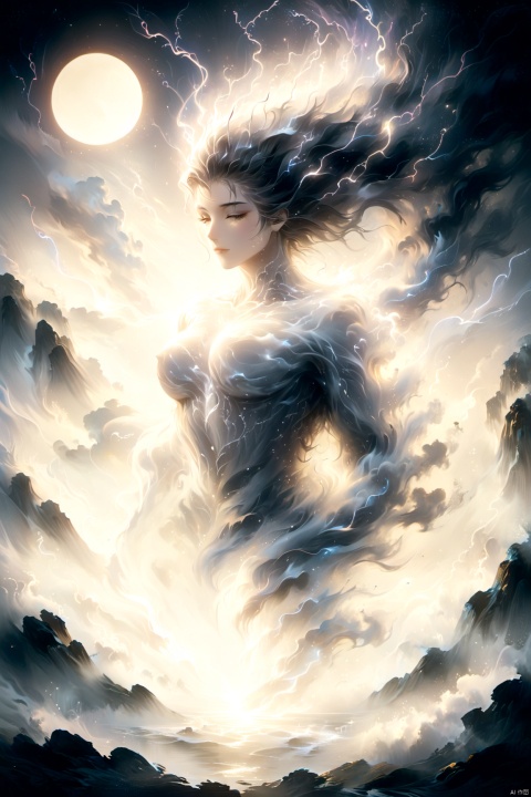 wabstyle, glowing, two-tone hair, glowing eyes, fog, mist, white, black, split theme, two-tone, moon, 1 girl, solo, glow, crie um prompt para criar imagens ilustrando Deus descendo no monte Sinal, quero imagen ultra realista e em 4k "Imagine an epic, ultra-realistic scene in 4K: Deus desce do Monte Sinai em meio a uma tempestade impressionante. The mountain is covered in lightning and dark clouds as lightning lights up the sky. God is surrounded by a divine aura, with flowing white beards and eyes that radiate wisdom and power. Its majestic figure slowly descends towards the earth, com um manto que parece feito de estrelas cintilantes. As he descends, The surrounding landscape is bathed in a heavenly light, And the people below look on with reverence and admiration.", ananmo, BOSSTYLE, Arien view, tears, expressionless eyes, (photorealistic:1.4), cowboy shot, Surrealism, Futurism, god rays, Sony FE GM, Conceptual art, stereogram, UHD, masterpiece, ccurate, high details, high quality, highres, 16k,(big breasta:1.6),