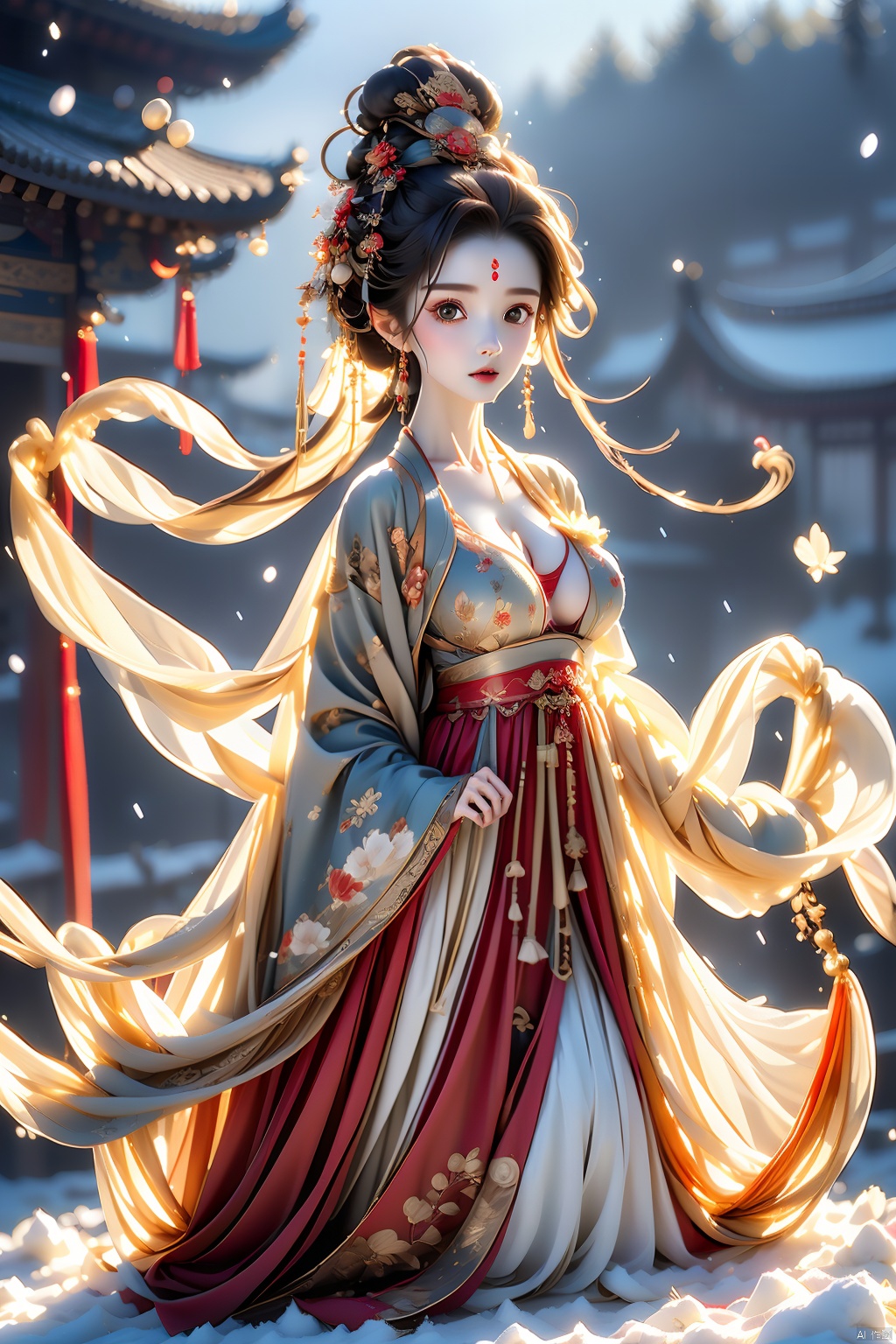 panorama, 1girl,solo,black hair,hair ornament,long sleeves,floor-length skirt,jewelry,closed mouth,standing,earrings,outdoor,Tang Dynasty courtesans,wide sleeves,narrative photography,hair bun,blurry,make-up,blurry background,floral print,snow,snowing,winter,updo. GuofengZ, highres, 8k, best quality, super detail, accurate, masterpiece, (big breasta: 1.73), yue, hair ornament,hanfu.,国风古装, ((poakl)),, wangzuxian