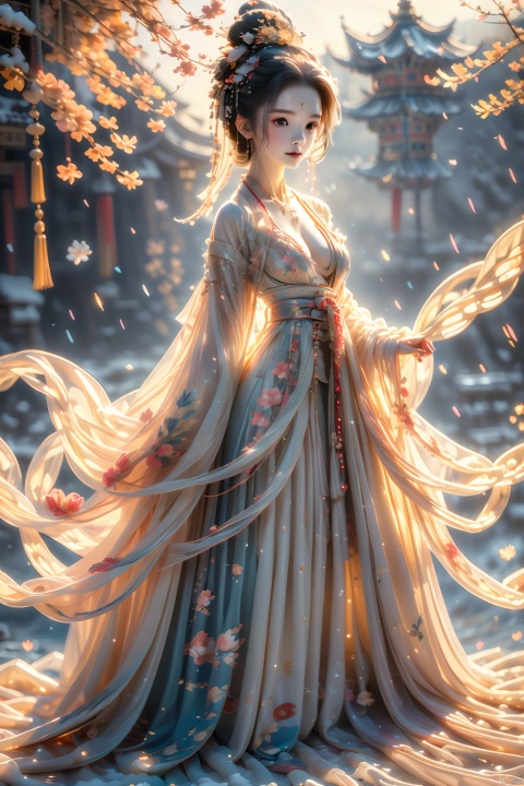  panorama, 1girl,solo,black hair,hair ornament,long sleeves,floor-length skirt,jewelry,closed mouth,standing,earrings,outdoor,Tang Dynasty courtesans,wide sleeves,narrative photography,hair bun,blurry,make-up,blurry background,floral print,snow,snowing,winter,updo. GuofengZ, highres, 8k, best quality, super detail, accurate, masterpiece, (big breasta: 1.73), yue, hair ornament,hanfu.,国风古装, ((poakl)),, wangzuxian, glass, black dress, Gauze Skirt, fazhen
