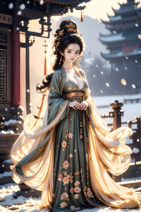 panorama, 1girl,solo,black hair,hair ornament,long sleeves,floor-length skirt,jewelry,closed mouth,standing,earrings,outdoor,Tang Dynasty courtesans,wide sleeves,narrative photography,hair bun,blurry,make-up,blurry background,floral print,snow,snowing,winter,updo. GuofengZ, highres, 8k, best quality, super detail, accurate, masterpiece, (big breasta: 1.73), yue, hair ornament, hanfu.,国风古装, ((poakl)),, wangzuxian