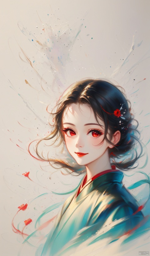 hyper detailed render style, white_background), Vision, (Portrait: 1.5), Front, (Clean Background: 1.5), (minimalist composition: 1.1), (black and white color scheme: 1.2), Delicate brushwork, (1girl:1.1), hanfu, chinese clothes, red, cinematic composition, close up, solo, smile, Red eyes, looking at viewer, angel, panorama, (Close-up:1.3), (Minimalism:1.2), cut-in, masterpiece, best quality, UHD, highres, 16k, bpwc, cosmos, meiren-red lips, Explosive dust, jijianchahua, realism, vector illustration, traditional chinese ink painting,1girl