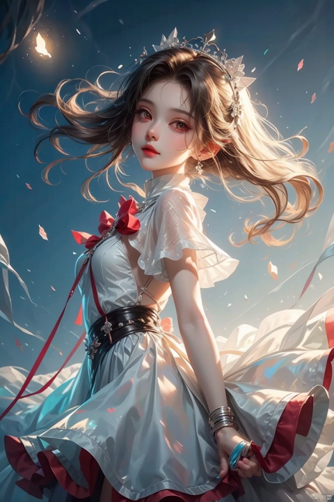  beautiful illustration, best quality, cute petit girl, (transform sequence), transform magical girl, chibi, white magical girl, fractal art, albino, babyface, long pure white and red mesh hair, beautiful detailed red eyes, cinematic lighting, cowboy shot, lookingatviewer,frombottom,happy,国风古装