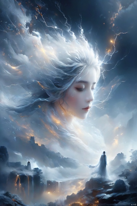  wabstyle, glowing, two-tone hair, glowing eyes, fog, mist, white, black, split theme, two-tone, moon, 1 girl, solo, glow, crie um prompt para criar imagens ilustrando Deus descendo no monte Sinal, quero imagen ultra realista e em 4k "Imagine an epic, ultra-realistic scene in 4K: Deus desce do Monte Sinai em meio a uma tempestade impressionante. The mountain is covered in lightning and dark clouds as lightning lights up the sky. God is surrounded by a divine aura, with flowing white beards and eyes that radiate wisdom and power. Its majestic figure slowly descends towards the earth, com um manto que parece feito de estrelas cintilantes. As he descends, The surrounding landscape is bathed in a heavenly light, And the people below look on with reverence and admiration.", (photorealistic:1.4), cowboy shot, Surrealism, Futurism, god rays, Sony FE GM, UHD, masterpiece, ccurate, high details, high quality, highres, 16k, ananmo