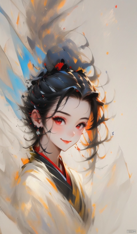 hyper detailed render style, white_background), Vision, (Portrait: 1.5), Front, (Clean Background: 1.5), (minimalist composition: 1.1), (black and white color scheme: 1.2), Delicate brushwork, (1girl:1.1), hanfu, chinese clothes, red, cinematic composition, close up, solo, smile, Red eyes, looking at viewer, angel, panorama, (Close-up:1.3), (Minimalism:1.2), cut-in, masterpiece, best quality, UHD, highres, 16k, bpwc, cosmos, meiren-red lips, Explosive dust, jijianchahua, realism, vector illustration, traditional chinese ink painting,1girl, Chinese style