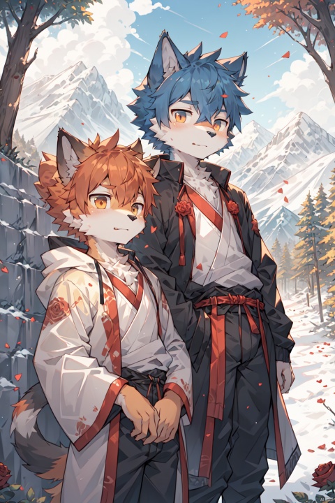  2Boys,aged down,correct body structure,outdoor,detail eyes, shota, furry,white fur,furry,cat furry,thin body,mountain, orange Hanfu,calm,weared cloths,orange hair,wolf furry,blued coat,blued hair,shota,white shirt,with rose petals around body,forest,calm