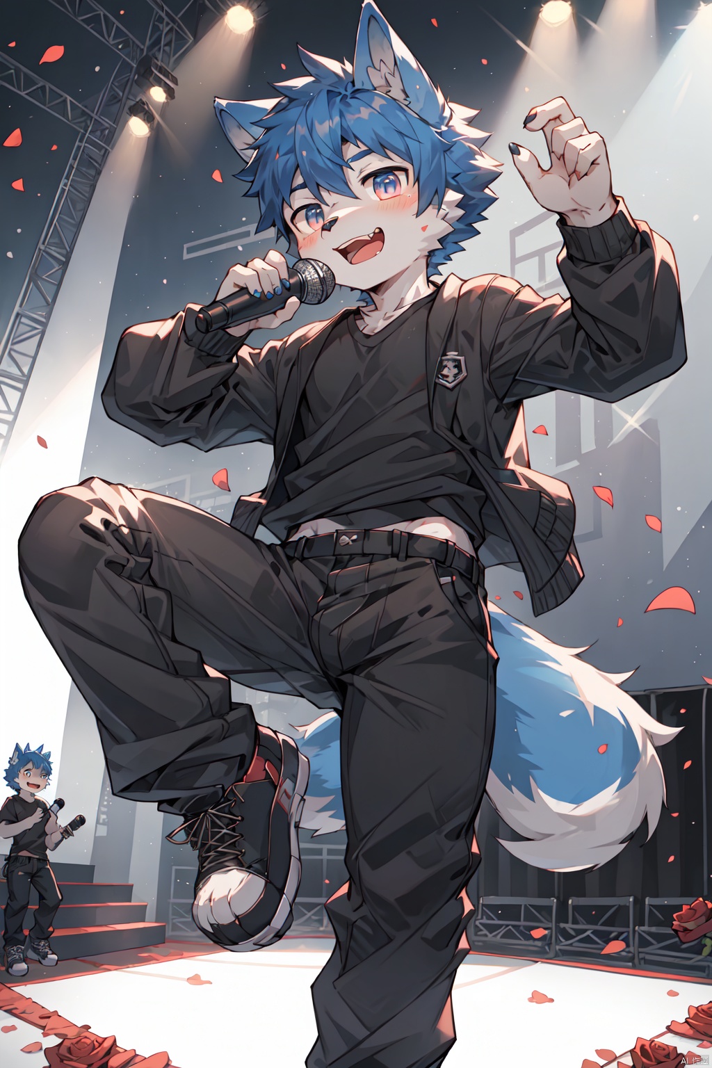  1Boys,aged down,correct body structure,one leg on the stage,singing,detail eyes, shota,wolf furry,blued hair,shota,black shirt,black trousers,with rose petals around body,excited,holding microphone