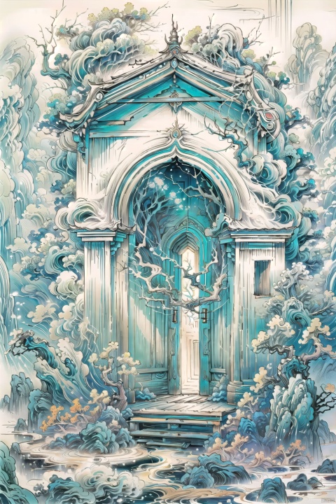 The camera moves slowly across the misty courtyard, focusing on the gate of an old house. The door is ajar, revealing a faint light, a girl slowly comes out, the morning wind gently blows the withered vines in front of the door, behind the door is the element of fantasy, the dream world, ink style,Ink painting