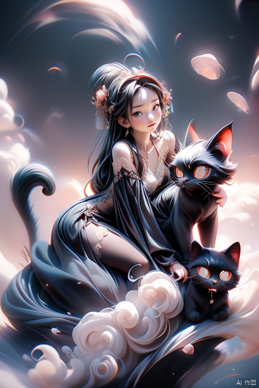 Chinese style, a cool little girl, long black hair, wearing a black veil, wearing a magician's costume, sitting on a huge black cat, affectionate and aloof, with dreamy space behind her, clouds, palace, high quality picture quality, lots of details, the right proportion, the right features