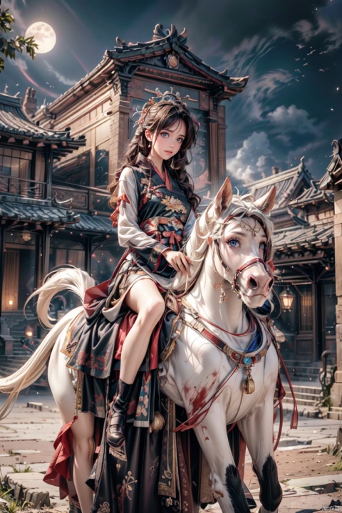 Halfbody shot, an ancient Chinese girl wearing armor and riding a big white horse, at night in front of a huge palace gate, with soldiers on both sides, a blood stained sky, and high-quality picture quality, (((masterpiece))), best quality, Correct scale, ultimate detail, illustrations, ultra high definition, 8k resolution, best image quality, high detail, Blademancer,