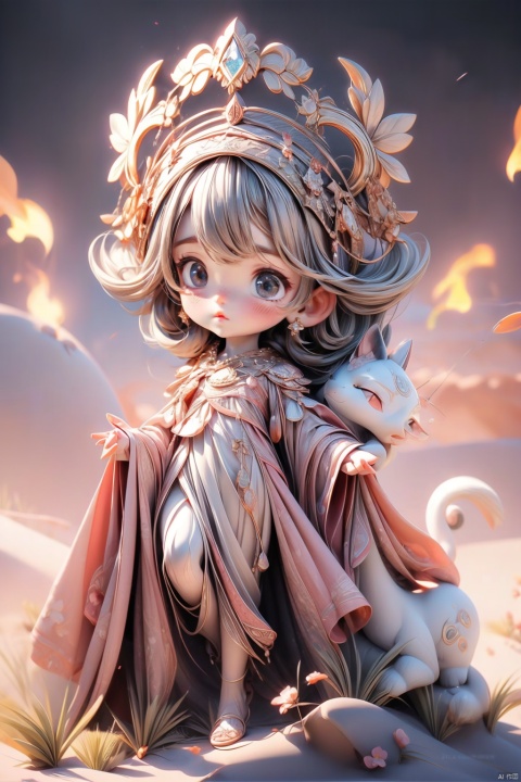 Panoramic shot, in the desert, there are two small children, short silver hair, wearing ancient mysterious costumes, holding fireballs in their hands, small pets beside them, huge statues in the sky, dreamlike tones, real skin, rich details, ((()(masterpiece)), best quality, correct proportions, illustrations, Ultra HD, 8k resolution, best image quality, high detail, Blademancer, Two legs, cloud,