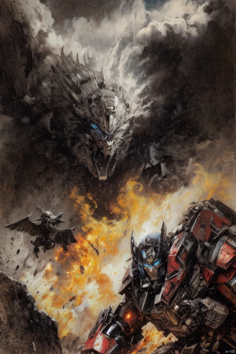  Transformers, Optimus Prime, a giant eagle, dark clouds, fire, fight scenes, the right face
