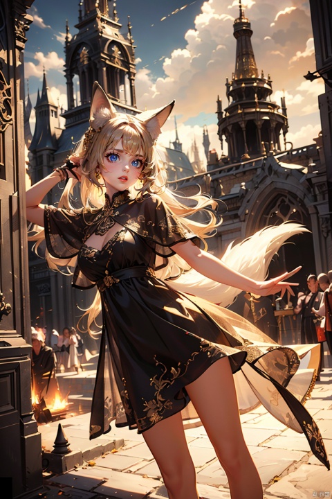 Big scene Angle, in the big desert, a girl wearing a cape, long silver hair, holding a fireball in her hand, dancing, with a large white fox beside her, a huge Buddha statue in the background, sacred dream tones, real skin, rich detail, ((())(masterpiece)), best quality, correct proportions, illustrations, Ultra HD, 8k resolution, Best image quality, high detail, Blademancer, Two legs, Cloud,