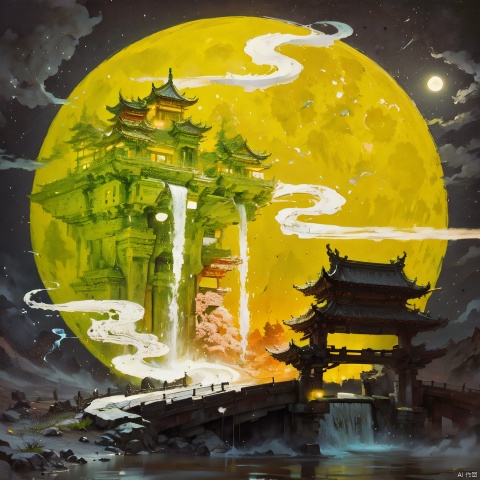  Chinese style, ancient Chinese architecture, night, huge moon, ancient landscape, small bridge running water, smoke, clouds, running water, real effects, ink painting
