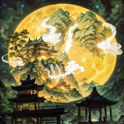  Chinese style, ancient Chinese architecture, night, huge moon, ancient landscape, small bridge running water, smoke, starry sky, clouds, running water, real effects, ink painting