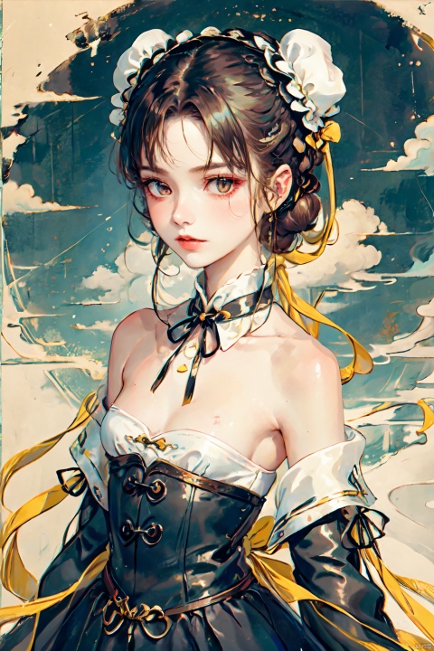 Famous works, 1 girl, upper body, Front, bangs, brown hair, Dress, Ribbon, Off-the-shoulder, headband, Yellow eyes, Braids, sideburns, Small breasts, Black gloves, Elbow gloves, Bun, Black Ribbon, Sleeveless Dress, Single bun, Morandi Background, French Braid, Lolita Fashion, guoflinke