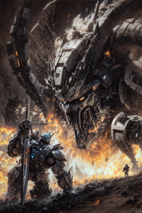  Transformers, Mech warriors, swords, giant monsters, dark clouds, fire, fight scenes, the right face, real effects