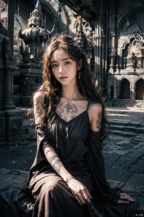 An orange girl with long curly hair, a nice tattoo on her face, wearing western clothing, very mysterious and charming, with a staff in her hand, sitting on the mount of a god beast, with a huge Buddha background behind her, magical space, high quality picture quality, gothichorrorai