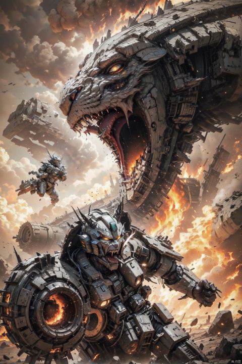  Transformers, Mechs, scary monsters, gaping mouths, fangs, clouds, fires, fighting scenes, Game CG style, OPTMS, ech monster, fire