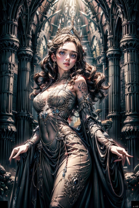  The scene is shocking, a white girl with curly hair, a good-looking tattoo on her forehead, wearing an ancient European gauze skirt, very mysterious, holding a wand in her hand, graceful posture, a huge statue in the background, magical space, high quality picture quality, exquisite details
, gothichorrorai,best quality, hyper realism, (ultra highresolution),masterpiece,8K,RAWPhoto, FeiNiao, gothichorrorai