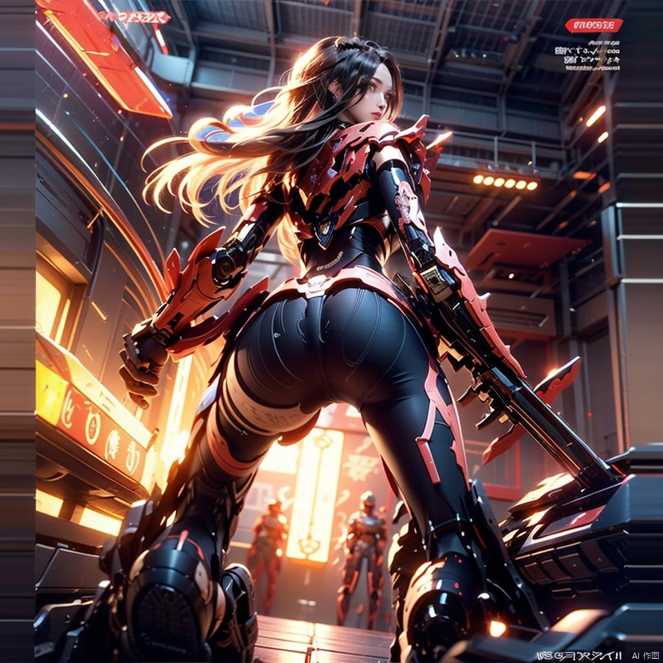  1girl, parted lips, hair blowing in wind, open hand, machinery, Mecha, science fiction, machinery armor, Metallic luster, electroplated, clothes sign, Mars, spaceship, floating cannon, hexagon, (from below:1.2), glow, backlighting, (background blur:1.2), cinematic lighting, Low illumination, VHS-style, (masterpiece:1.3), (best quality:1.1), intricate detailed, (Hyperrealistic:1.1), (realistic details:1.1), highly detailed, (the text on the cover should be bold and attention-grabbing, with the title of the magazine and a catchy headline:1.4), , ,Super perspective,wide shot. Dynamic pose, fighting_stance.,wide shot