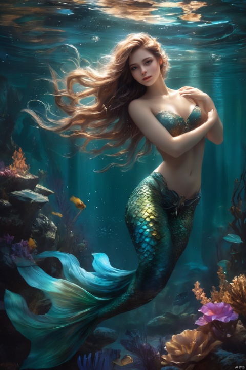  The mermaid, whose core body is the image of a woman with long hair and blue eyes, swings her tail gracefully and swims in the water. The overall style should be romantic and mysterious, and the light effect should show the sparkling underwater and the skin luster of the mermaid. Color, with blue and purple as the main tone, showing the mystery of the deep sea, while the mermaid's long hair and fish tail are golden and dark green to form a contrast. From the perspective, choose to depict the mermaid from the side to show her elegant posture and streamlined tail. In terms of quality, the picture is required to be clear and delicate, showing every detail of the mermaid as much as possible. Finally, command Midjourney to render the painting with the highest quality, ensuring that every element is rendered perfectly.nude