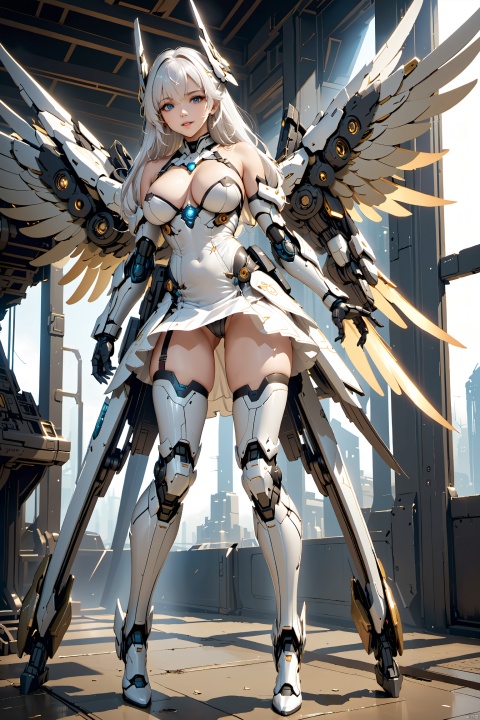  (masterpiece:1.2), (best quality:1.2),(highres:1.0),(sciencefiction:1.3),天启姬,
epic scenes, impactful visuals, sense of space,
1girl, solo, mecha musume, sexy，
blue eyes, long hair, white hair, bare shoulders, bangs, breasts,
white dress, dress, thigh highs, boots, mechanical legs, mechanical wings, 
open mouth, smile, looking at viewer,
white background, 
daylight, warm atmosphere,
full body,
