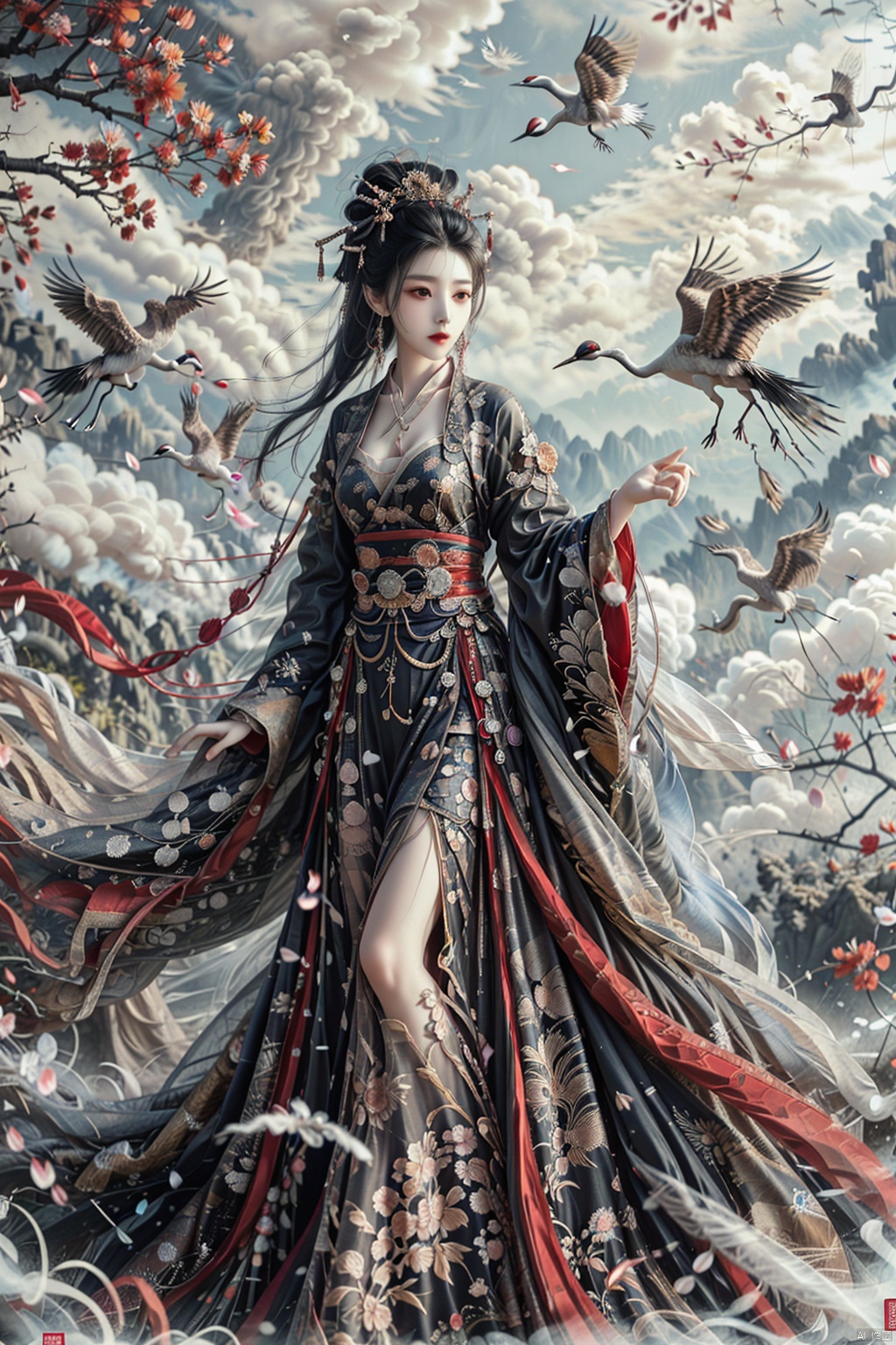  a girl,solo, xianjing crane smoke cloud branch flower, blalinkedress，Loong