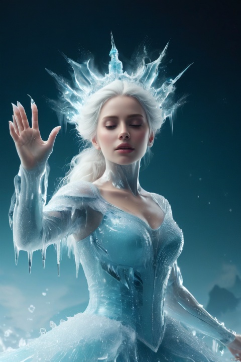  The ice queen floats in mid-air, holding her hands high in the ice and snow to release the large ice magic that destroys the sky and the earth, her white hair fluttering and her whole body.