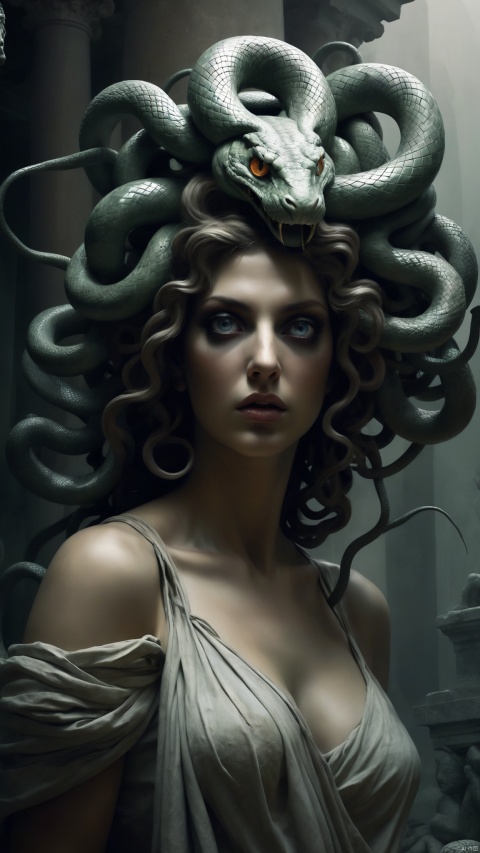  This is the structure of Midjourney prompt: [1], [2], [3], [4], [5], [6], [ar] [v].
This is your task: you will generate four prompts for each set of keywords [1] that I provide, each in a different way in terms of description, environment, atmosphere, and implementation.
full body
Medusa, who has hair made up of live snakes, can petrify people with her eyes. [3] in an ancient Greek temple, the dim light is mysterious and strange. [4] an atmosphere of gloom, horror and mystery hangs around us, as if magic and reality are intertwined. [5] Photography, [6] use macro lenses and dark settings to capture damp, dark atmosphere and highlight Medusa's terrifying features. , [ar] 16:9 [- v 5].

Medusa, one of the monsters in ancient Greek mythology, has a delicate figure but fierce eyes. In a mysterious cave, the snake wound around her hair and hissed. [4] A dangerous and mysterious atmosphere pervades the air and makes people alert. , [5] illustrations, [6] use watercolors and sketching techniques to highlight her snake hair and fierce eyes to create a mysterious picture. , [ar] 1:1 [- v 5].

Medusa, who is good-looking but has sharp eyes, can petrify people. [3] in a barren swamp, it was uneasy to be shrouded in thick fog. [4] A strange and repressed atmosphere pervades all around, as if danger is coming at any time. [5] the sculpture, [6] is made of marble, depicting her unique face and eyes, showing oddity and fear. , [ar] 16:9 [- v 5].

Medusa, with her charming appearance and dangerous eyes, sparkles in the sun. [3] in a mysterious ruins, ancient statues surrounded her as if quietly telling legends. [4] A mysterious and solemn atmosphere filled the air with awe. , [5] painting, [6] use oil painting and grand composition to show her divine charm and dangerous color, creating an ancient mythological feeling. , [ar] 16:9 [- v 5].