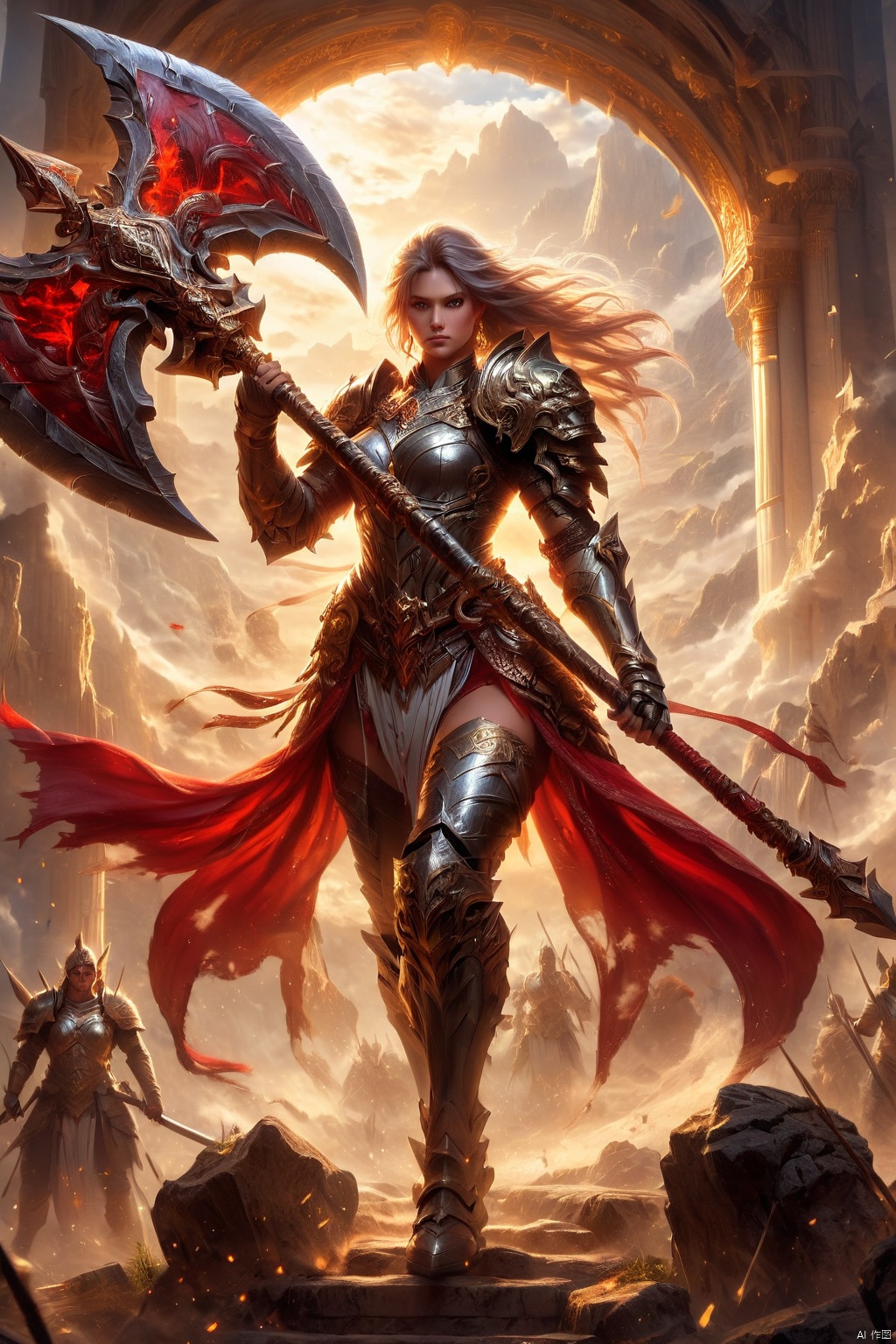  Key words: wild female warrior; result word count: 300

Midjourney painting description words: subject description, full-body close-up; core subject, wild female warrior; subject movement, waving weapons, showing a fearless fighting posture; style, strong fantasy artistic style, full of movement and power; light effect, strong sunlight shining from behind, illuminating the outline of female soldiers, creating a sacred and solemn atmosphere Color, with gold and red as the main colors, emphasizes the bravery and blood of female soldiers; perspective, looks up to highlight the height and power of female soldiers; quality, exquisite details, clear texture, showing high-quality picture effect; command, draw a work of art with wild female warriors as the theme, perfect display her strength and charm.