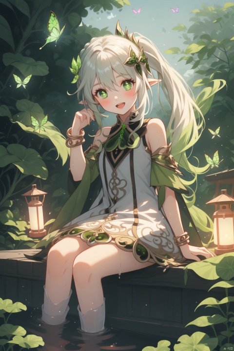  nahida, 1girl, nahida \(genshin impact\), solo, dress, green eyes, pointy ears, white hair, outdoors, multicolored hair, white dress, sitting, water, side ponytail, gradient hair, sleeveless dress, sleeveless, hair ornament, long hair, plant, jewelry, bracelet, looking at viewer, symbol-shaped pupils, cross-shaped pupils, soaking feet, smile, tree, green hair, lantern, bangs, leaf, day, bug, butterfly, blush, feet out of frame, nature, floating hair, green gemstone, open mouth, sidelocks, bare shoulders, braid, colored tips, cape, leaf hair ornament, parted lips, armlet, detached sleeves, hair between eyes