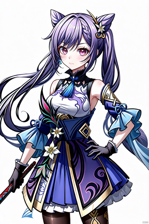  keqing, 1girl, solo, keqing \(genshin impact\), purple hair, twintails, pantyhose, hair bun, gloves, weapon, white background, looking at viewer, cone hair bun, long hair, brown pantyhose, hair ornament, purple eyes, holding, breasts, hand on hip, dress, sword, simple background, bare shoulders, detached sleeves, holding weapon, bangs, medium breasts, closed mouth, purple dress, frills, holding sword, braid, blush, cowboy shot, very long hair, hair between eyes, earrings, standing, flower, jewelry, armpits, frilled dress, sleeveless, black pantyhose, purple gloves