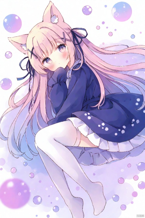  1girl,very long hair, hair ribbon, x hair ornament, straight hair, long sleeves, sleeves past wrists, white thighhighs, pillow, breasts, cat ears, hair ribbon, bow, stuffed animal,
no shoes, print, flower, from side, gothic lolita, 
white background, depth of field, shame, blush, expressionless,
masterpiece, best quality, onnk, colorful, bubble, tsukiyo