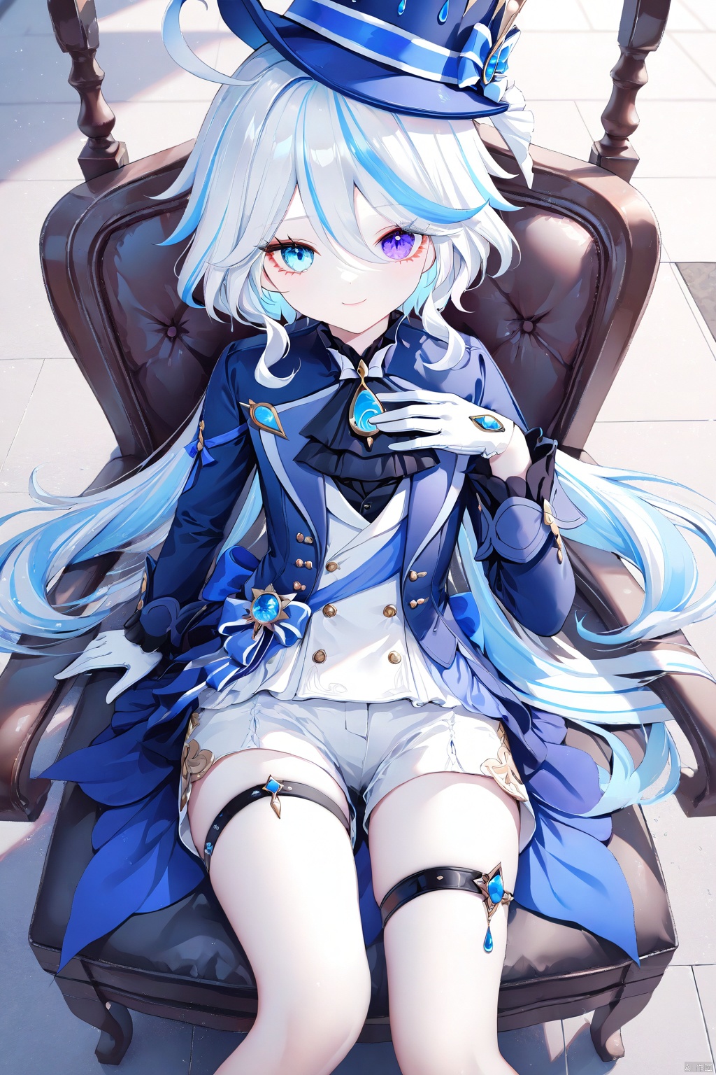  (masterpiece),(best quality),illustration,ultra detailed,hdr,Depth of field,(colorful),[iumu],[Sheya],[Artist chen bin], 1girl, furina (genshin impact), solo, top hat, hat, blue eyes, gloves, blue hair, sitting, blue headwear, looking at viewer, blue jacket, jacket, smile, ahoge, black gloves, long hair, multicolored hair, mismatched pupils, asymmetrical gloves, white gloves, white shorts, shorts, light blue hair, mismatched gloves, chair, closed mouth, ascot, white hair, heterochromia, hair between eyes, streaked hair, thigh strap, long sleeves, from above