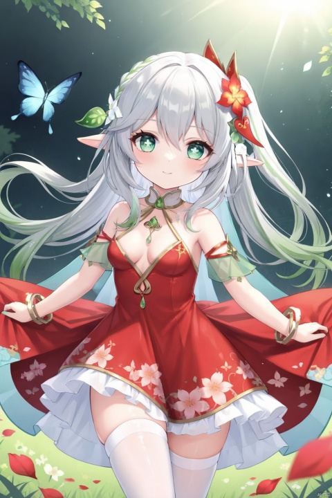  bloom effect,((best quality)),(blonde_hair),(aqua_eye),((1loli)),elf,beautiful girl,(medium_breasts),chinese_style,sheer tulle wedding long red dress,,shiny skin,smooth_skin,(beautiful detailed girl),aqua_eye,standing,((extremely_detailed_eyes_and_face)),long_hair,detailed,detailed_beautiful_grassland_with_petal,flower,butterfly,necklace,petal,(silver_bracelet),cleavage,(surrounded_by_heavy_floating_petal_flow),(white skin:0.8),gentle_smile,nahida (genshin impact),black stockings,(Young female genitalia:1.2)