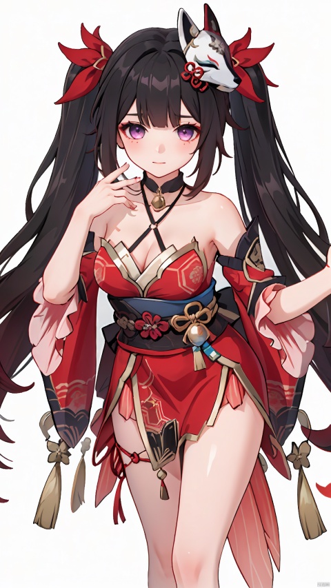  masterpiece,best quality,intricate detail, 1girl,huahuo,simple background,mask on head, fox mask, black hair, twintails, purple eyes,
detached sleeves, parted bangs, looking at viewer, sleeveless, forehead, bangs, sleeveless dress,chinese clothes,cleavage,gradient hair color