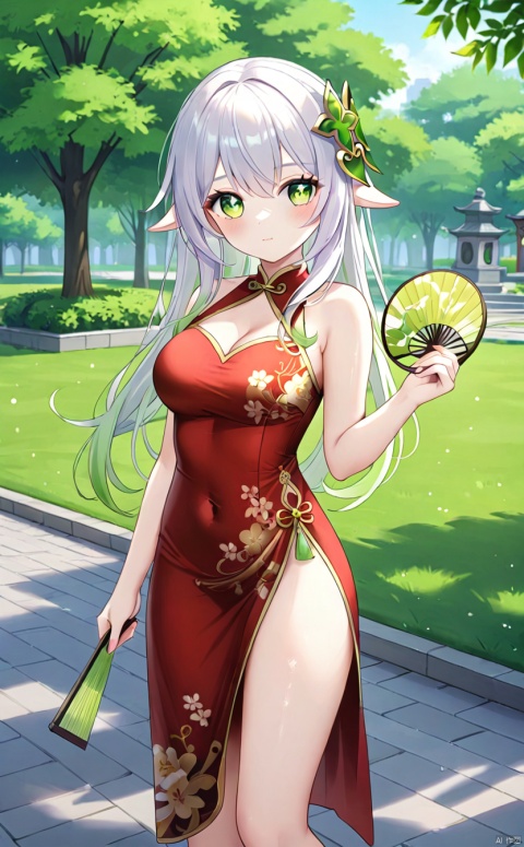 1girl, solo, long hair, breasts, looking at viewer, bangs, large breasts,navel, cleavage, closed mouth,In the park,slit cheongsam,handheld fan,nahida (genshin impact)