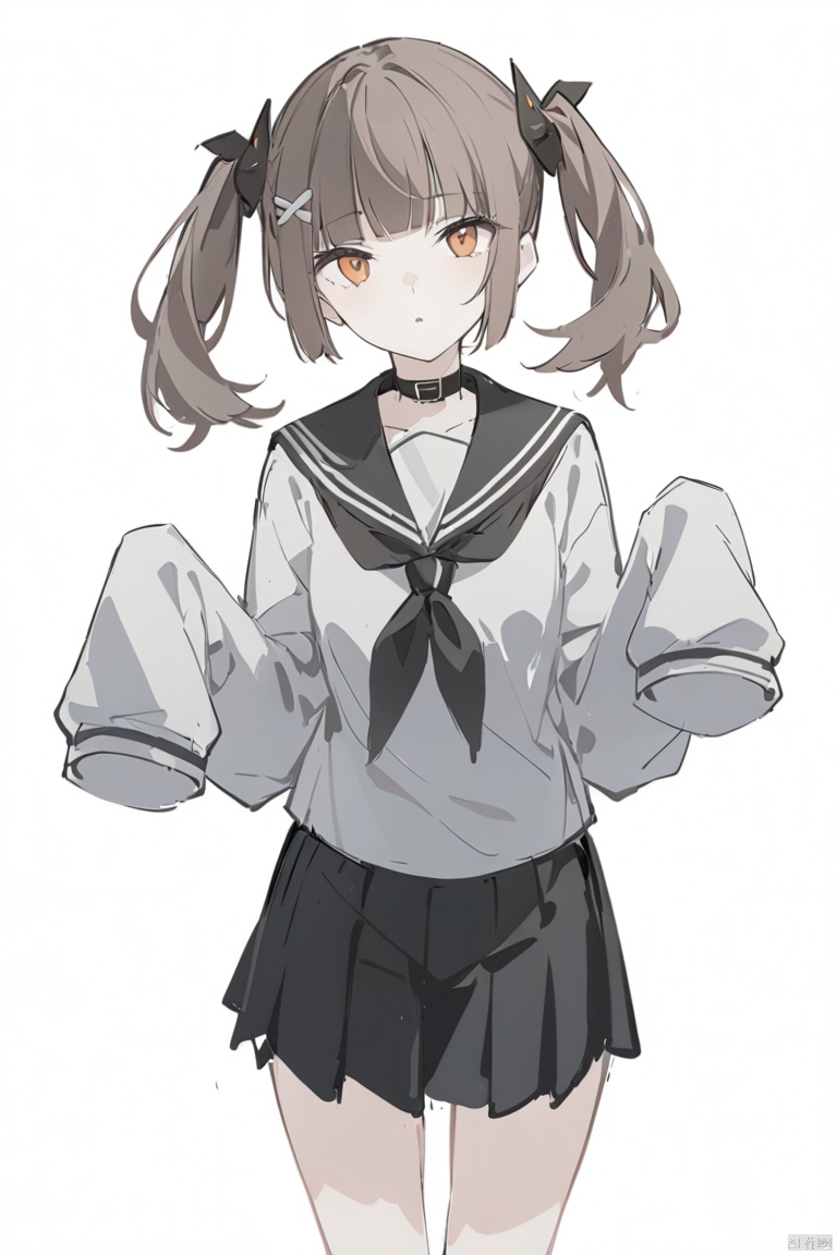  (sketch:1.1),oil painting, 1girl,1girl,twintails,solo, 1girl, sleeves past wrists, school uniform, sleeves past fingers, skirt, simple background, bangs, hair ornament, serafuku, white background, short hair, parted lips, pleated skirt, long sleeves, muted color, neckerchief, brown hair, sailor collar, black skirt, blunt bangs, cowboy shot, orange eyes, black sailor collar, looking at viewer, looking at viewer,,sketch